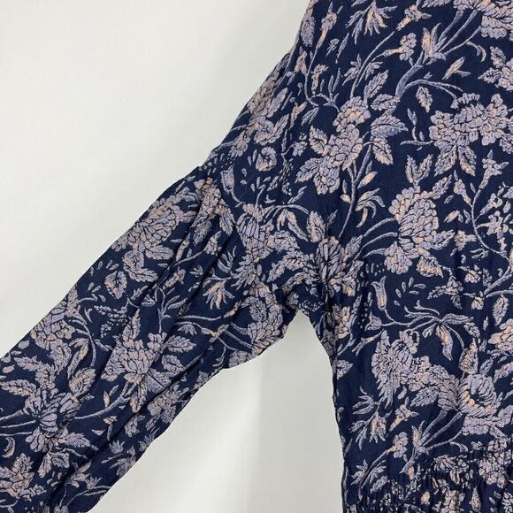 Lucky Brand Top Size Small Womens Navy Peasant Floral Print V Neck Smocked Boho - Picture 4 of 10